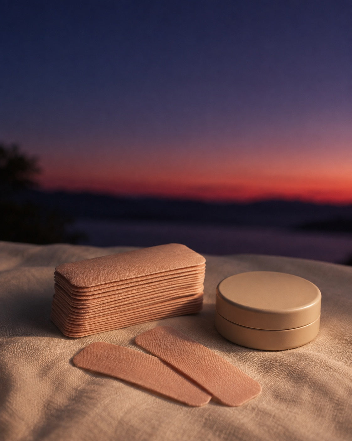 A stack of plain blush-rose fabric tape strips on ivory linen at dusk, with a small matte cream tin alongside.