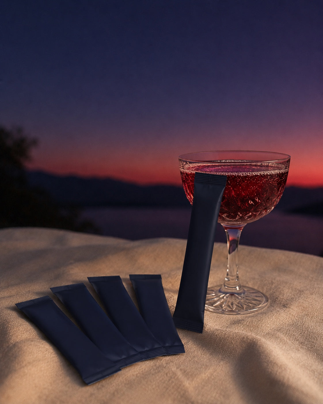 Five plain matte navy single-serve stick packets on ivory linen at dusk beside a coupe glass of deep ruby sparkling drink.