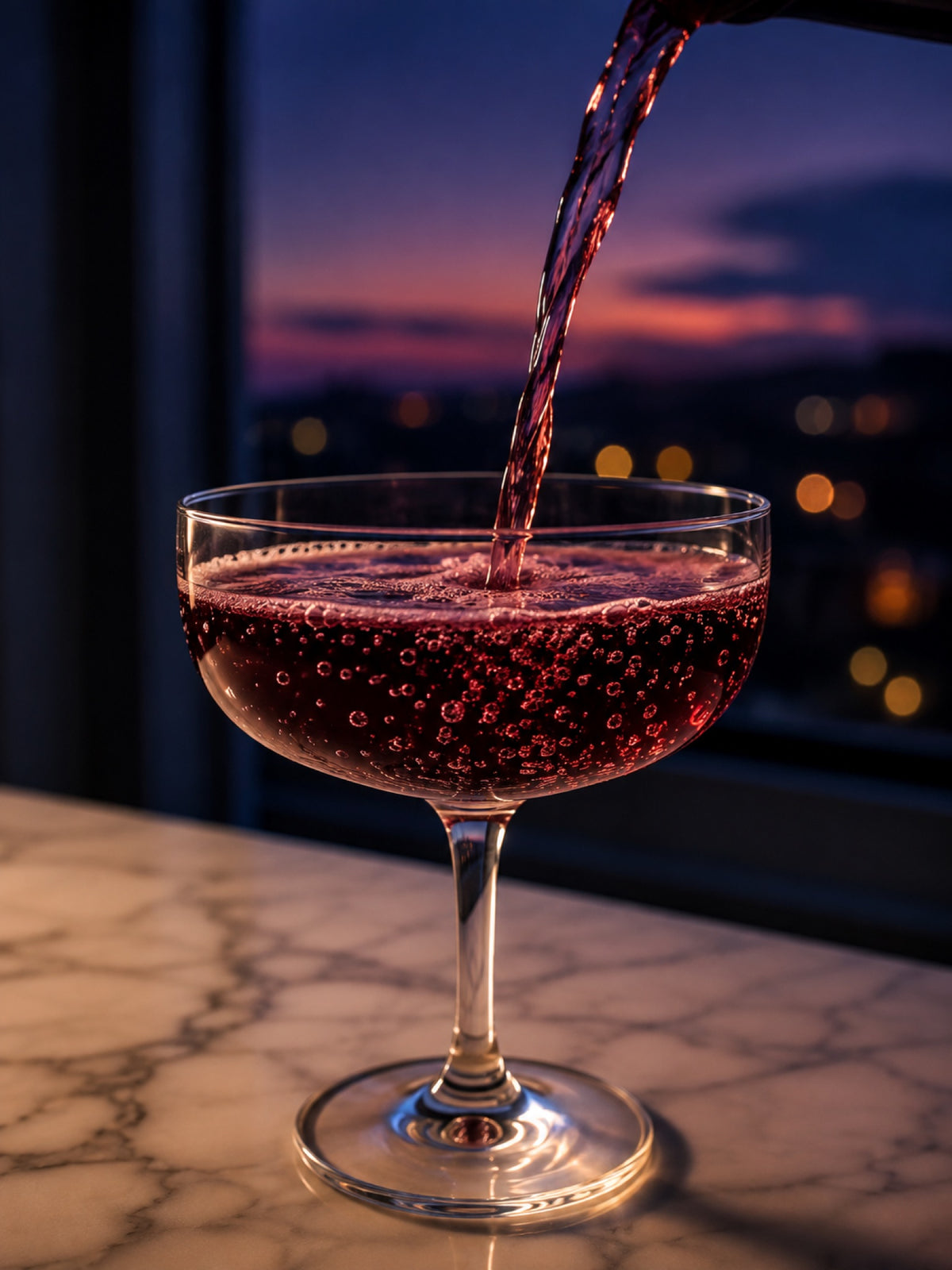 Wind-Down Cherry poured into a coupe glass at blue hour