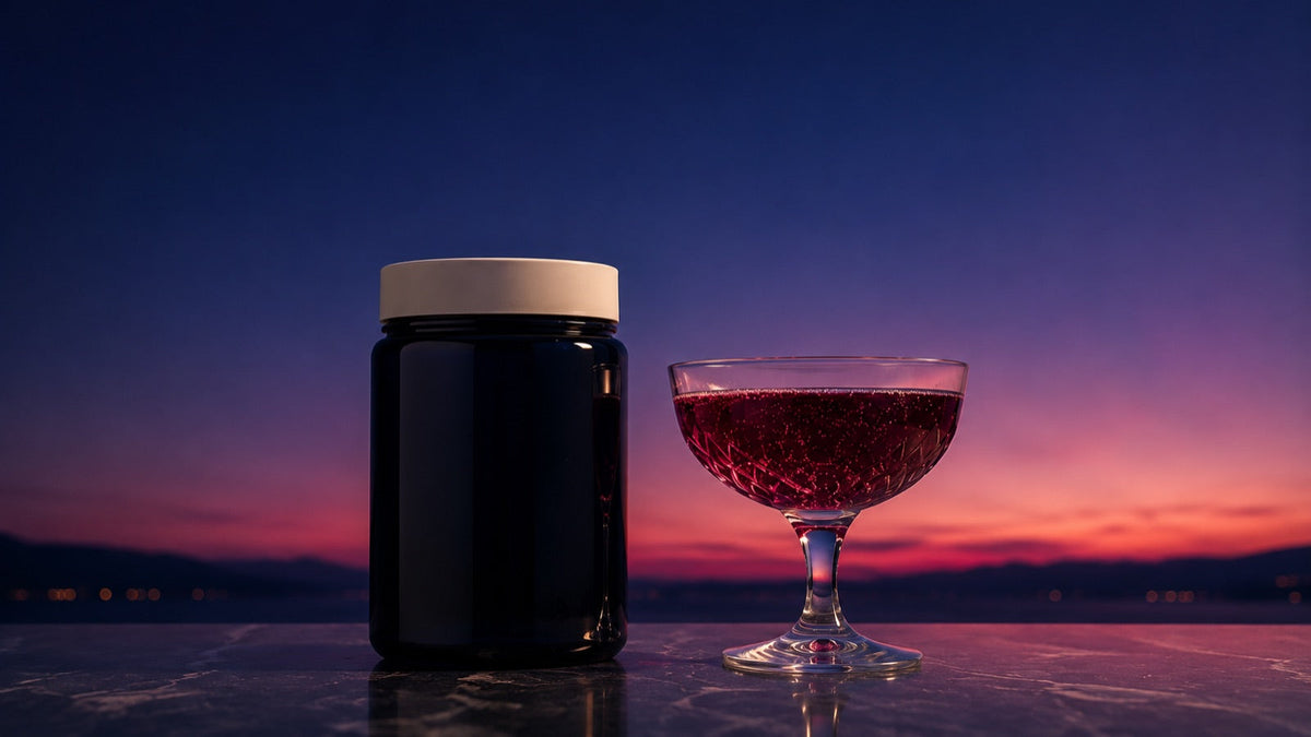 Wind-Down Cherry — magnesium mocktail jar with coupe glass at dusk